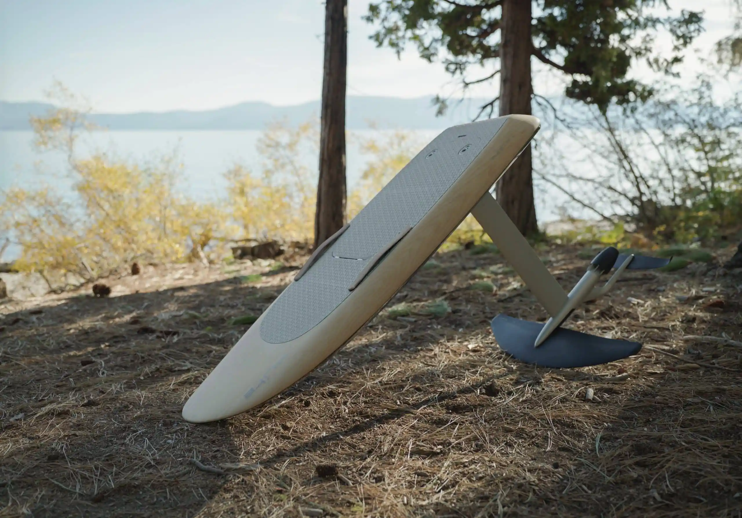 Fliteboard posé au bord de l’eau, planche, mât et aile visibles
